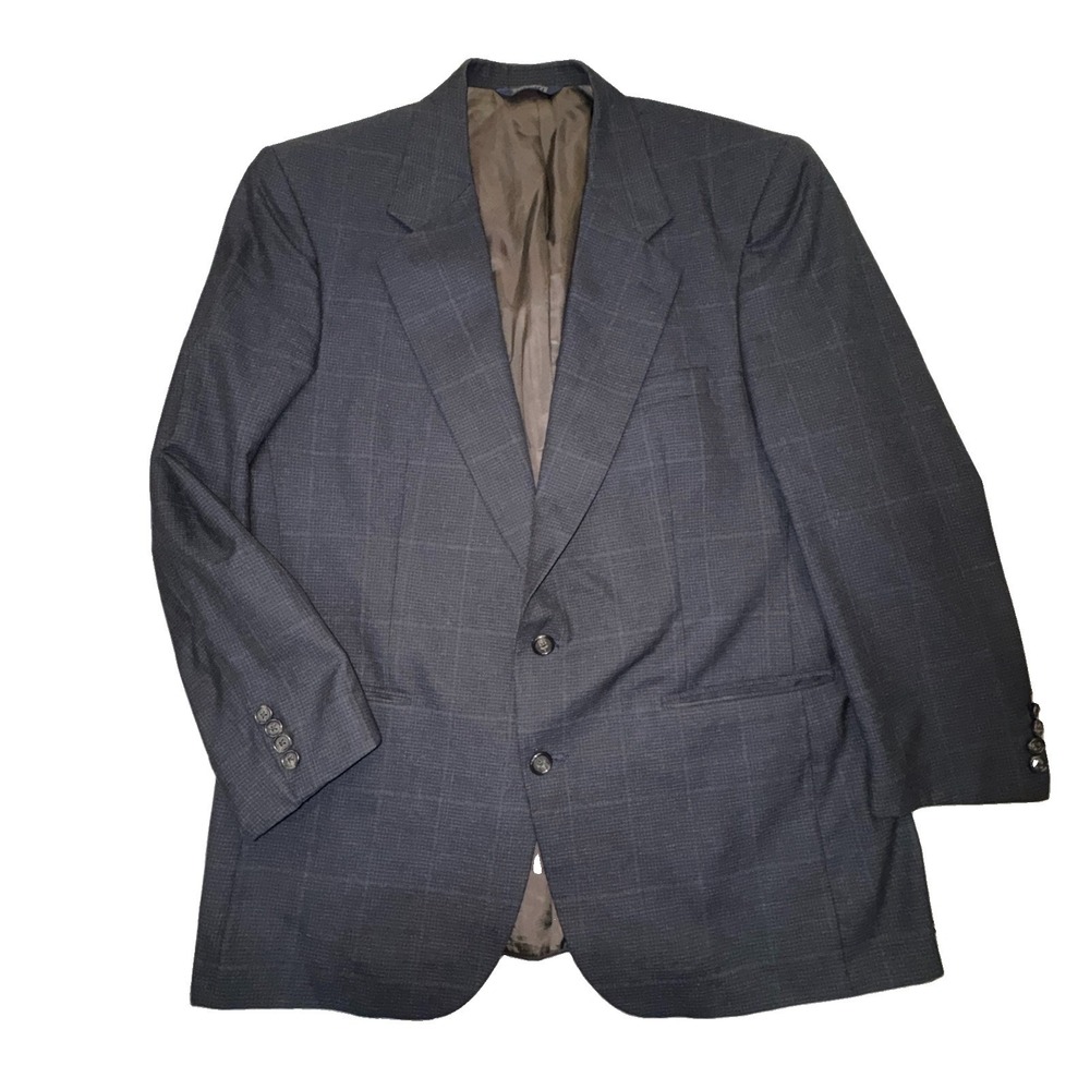 Burberry's Sport Coat Blazer Jacket Black Gray Plaid Wool Men's Sz 44 Long